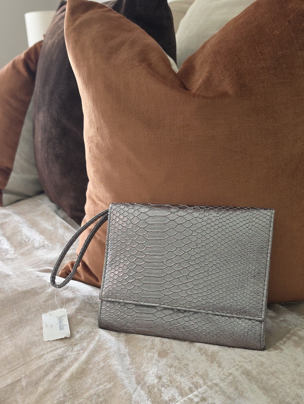 Neiman Marcus Metallic Silver Faux Snakeskin Wristlet Clutch